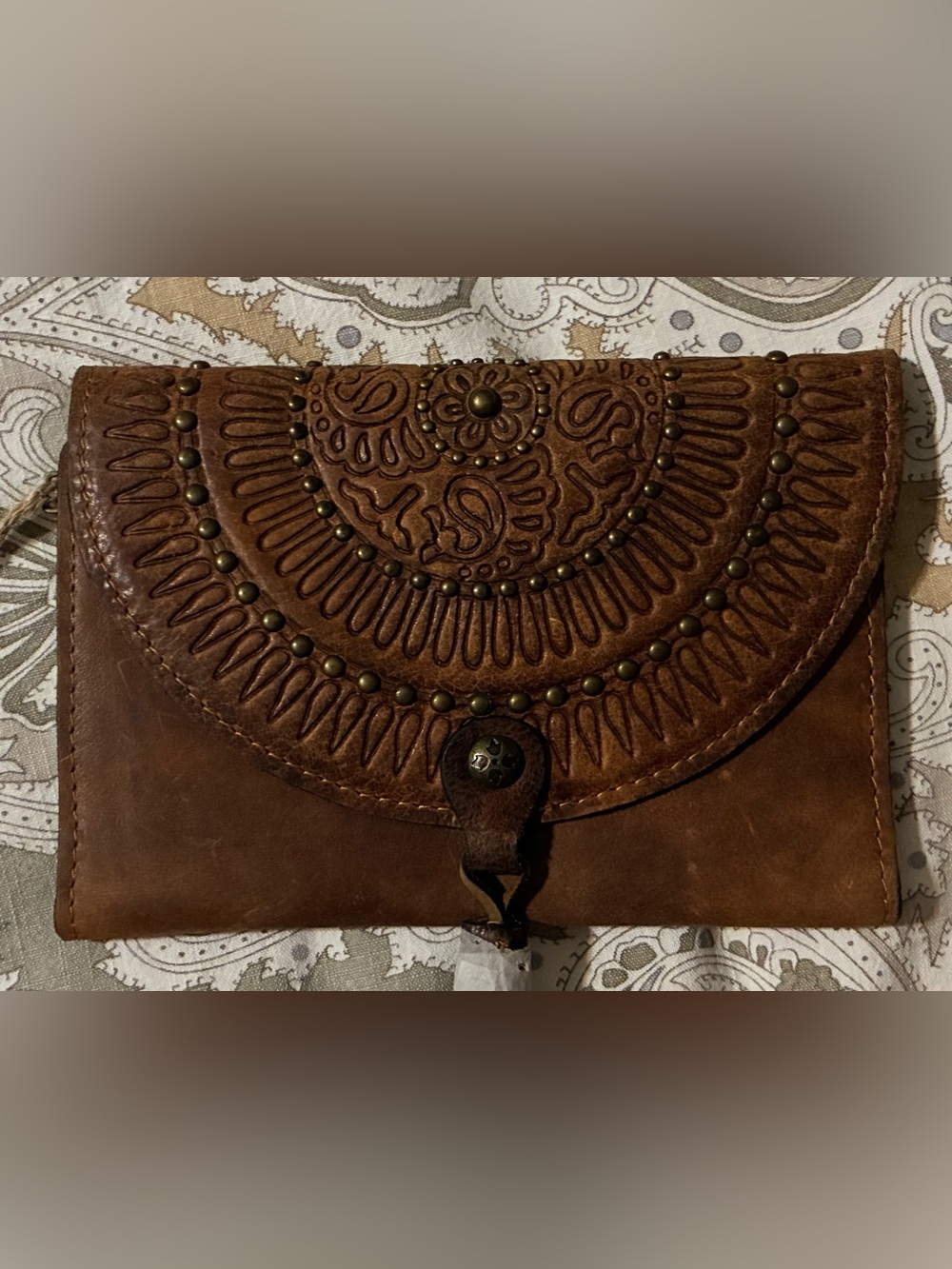 Patricia Nash Brown Embossed Leather Clutch with Stud Accents